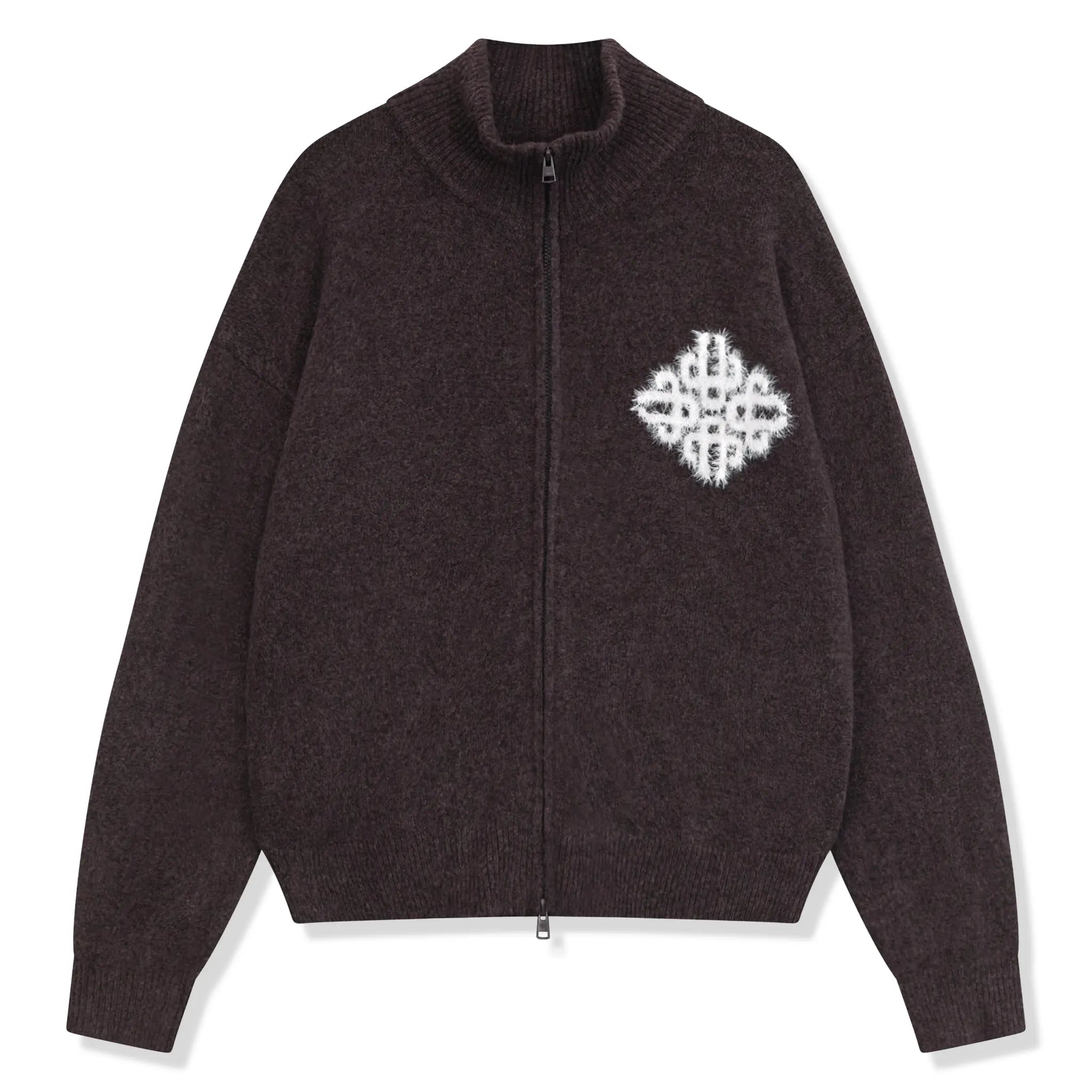 Front View of The Couture Club Fluff Knit Brown Neck Funnel Sweatshirt